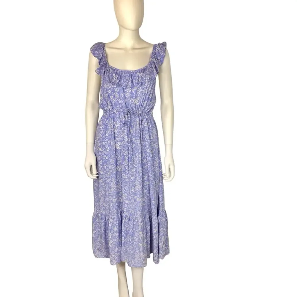 J Crew Blue & White Floral Midi Dress Ruffle Cottagecore Summer Dress